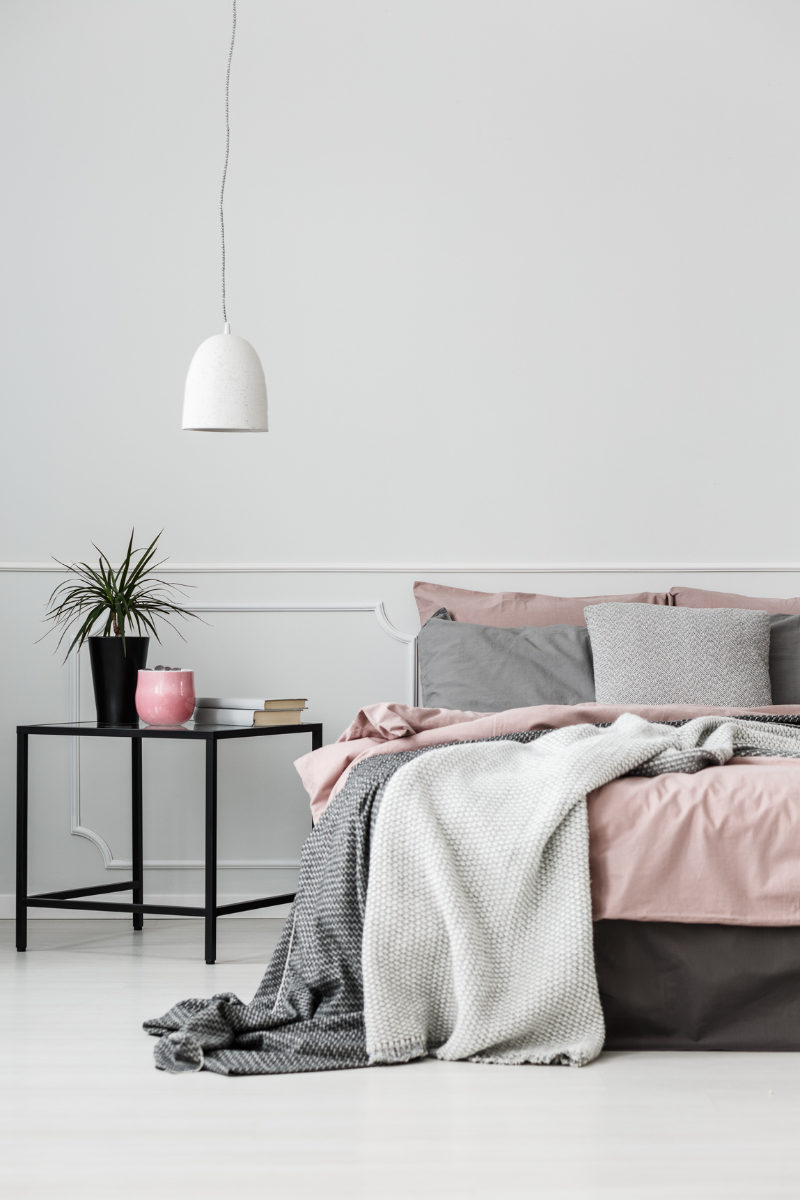 Grey and pink bedroom interior